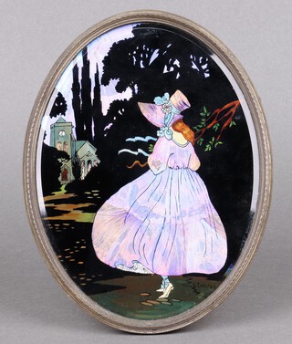 A 1930's oval butterfly picture depicting a standing crinoline lady before a church 19cm h x 14cm w