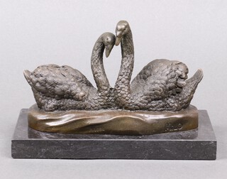A 20th Century bronze figure of 2 swans marked Bronze Grand Paris JB Deprose, on a black marble base 10cm h x 20cm w 