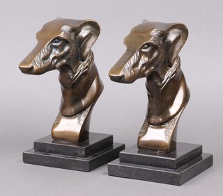 A pair of Art Deco style bronze portrait busts of Afghan hounds, on square black stepped marble bases 18cm h x 11cm 