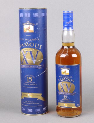 A 70cl bottle of The Famous Grouse Bill Mclaren's Famous XV World Rugby whisky, 15 year old limited edition blended whisky, with cardboard tube 