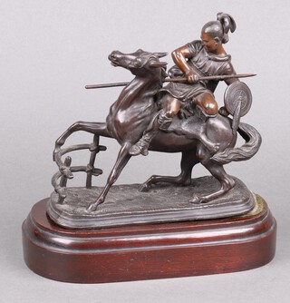 A 19th Century spelter figure of a mounted warrior with spear and shield 19cm h x 20cm w x 9cm d 