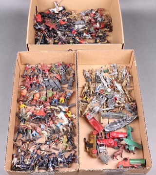 A large collection of lead figures, mainly Britains and other minor manufacturers to include cowboys, Indians and fusiliers, medieval, knights (infantry and cavalry) 