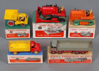 A collection of early boxed Dinky Super Toys to include Dumper Truck 562  (yellow body), a Leyland Comet lorry 531 (red cab, yellow trailer), a Foden Diesel 8 wheel wagon 501 (grey body, red underside), a heavy tractor 563 (orange body, yellow driver, green rubber tracks) and a Blaw Knox bulldozer 561 (red body, green rubber tracks, yellow driver) 