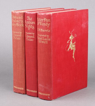 Three Hodder & Stoughton children's books - Peter Pan and Wendy by J M Barrie illustrated by Mary Lucy Attwell, Edmund Dulac's Fairy Book and Arabian Nights illustrated by Dulac, all bound in red cloth with gilt figures to cover and gilt spines 