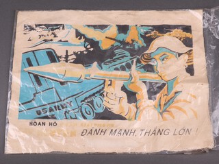 A late 60's/early 1970's Vietnamese propaganda poster, depicting a soldier with a rocket launcher and a US Army tank 30cm x 39cm 