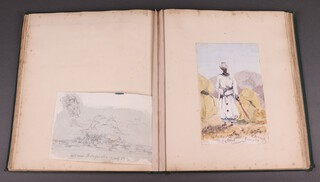 An interesting scrap album comprising mainly late Victorian watercolours by a soldier, most paintings are of English scenery though several are from Egypt Sudan -  one titled "Ambigole Wells 1 June 85 looking E from my tent", Ambigole Wells in Sudan was a British army post during the Mahdist War (1881-1899),  another portrait of a Sudanese Rebel titled "14 June 1884 Rebel Uniform Karnalen? R Bray".  The album also contains a group photo of The Officers of The 65th Regiment Khandala January 1881, a group of Victorians in costume titled "The Jacobite 15th December 1819 Bideford", together with photos of soldiers in repose and on horse back
