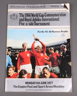 A Souvenir programme for The 1966 World Cup Commemoration and Royal Jubilee International Five-a-Side Tournament (for the Sir Alf Ramsey Cup), held on Monday 6th June 1977,  signed by Sir Alf Ramsey, Jack Taylor, Nobby Stiles, Bobby Ferguson, Jimmy Greaves, Terry Paine, George Cohen, Siggy Held 