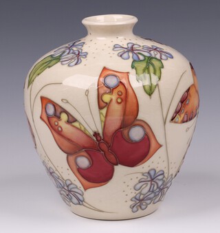 A Moorcroft Butterfly vase of squat form, designed by Rachel Bishop, circa 1993, the base impressed Moorcroft 16cm 