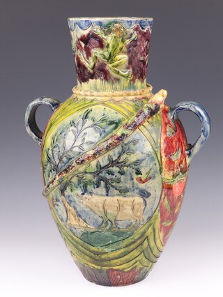A late 19th Century Flemish Bredene earthenware vase, decorated sailing ship, serpent and frog 48cm h