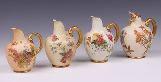 Four Victorian Royal Worcester blush ivory graduated jugs, bases marked 1094, 12cm, 11cm (x2) and 10cm 