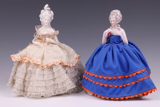 Two 1920/30's pin cushion dolls with porcelain heads 24cm 