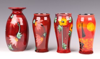 Anthea Harris, a red glazed pottery vase decorated poppies 18cm, 2 others decorated flowers and sailing ships and 1 other 21cm 