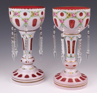 A pair of Victorian pink opaque glass lustres 30cm h 