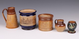 A Doulton Lambeth cylindrical match striker, base marked BB3 7cm, a salt glazed hunting jug 7cm (chip to rim), 1 other 14cm (chips in places), a tobacco jar (no cover) 10cm and 1 other decorated The Railwaymen's Convalescent Home Herne Bay 12cm 