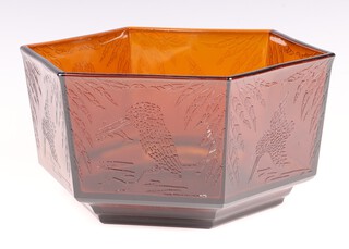Harold Stabler for Sowerby Glass, a hexagonal amber Kingfisher bowl RD no. 810280, registered in the United Kingdom by United Glass Bottle Company 26.2.36, 24cm 