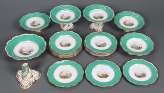 A Victorian 16 piece Davenport Longport dessert service with green and gilt banding and hand painted panels to the centre with large comport on dolphin supports (f), 2 smaller ditto (both repaired and stuck), 4 squat comports (1 broken), 12 plates (1 cracked), all marked 1667 to the reverse  