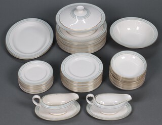 A 56 piece Royal Doulton Berkshire pattern dinner service with 2 oval meat plates, tureen and cover, oval bowl, 12 dinner plates, 12 side plates (1 chipped), 12 tea plates, 12 bowls, 2 sauce boats and stands (1 boat cracked)