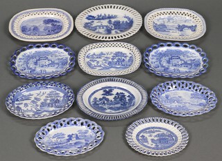 Two Spode blue and white transfer decorated ribbon ware dishes 24cm (1 cracked), a Riley's semi-china oval ribbon ware dish and 8 others 