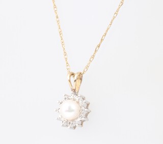 A gold marked 375 fine link chain 0.7g, with pearl and moissanite set pendant 1.9g gross