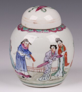A Chinese famille rose porcelain ginger jar and cover decorated standing figures, the base with 3 character mark 11cm 