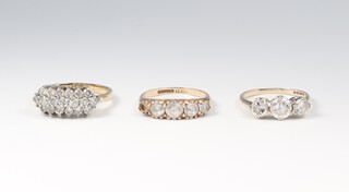 Two 9ct gold paste set rings sizes P 1/2 and N 1/2, gross weight 5 grams and a fashion dress ring 