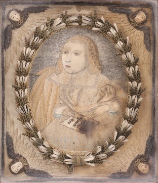 A rare mid 17th century Interregnum stumpwork portrait depicting a child dressed in richly articulated costume, holding a small dog beneath his left arm. In his hands he carries a quill and a letter inscribed "Give Thy selfe to learne my slam (psalm, 1656". Enclosed within an oval cartouche of leaf and berry motifs, further flanked in each corner by four winged angels. Composed of raised work consisting of collage and embroidery, using various fabrics, silk, coloured wool and metallised threads, on a pale gold silk ground, printed extract from Sir Matthew Hale's diary verso, 20cm x 17.5cm, within a dark stained wood frame.