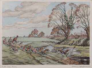 Geoffrey Sparrow (British, 1887-1969), "The Eton College Beagles", etching with hand-colouring, signed and titled in pencil, 22cm x 29cm, within a Hogarth style frame.