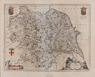 Joan Blaeu (Dutch, 1596-1673), "Ducatus Eboracensis Anglice Yorkshire" (Map of Yorkshire), 17th century engraving with later hand-colouring, 45cm x 56cm, within a Rosewood frame.	