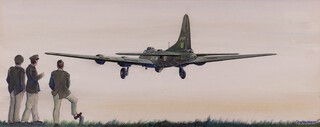 Leonard Dawkins, "Freedom to Fly at Last" (Boeing B-17 Flying Fortress), watercolour with gouache, signed recto, titled and inscribed verso, 20cm x 50cm, within a gilt frame.	