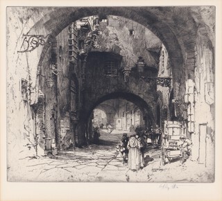Hedley Fitton (British, 1857-1929), "Via dei Girolami, Florence", 19th century etching, signed in pencil recto, title verso, 32cm x 35cm, within a stained wood frame.