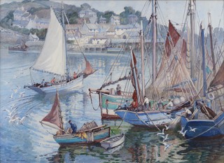 Isabel Wrightson (British, 1890-1950), "French Crabbers in Newlyn Harbour", watercolour with gouache, signed and dated 1961 recto, titled label verso, 55cm x 75cm, within a painted wood and hessian frame. Exhibited: The Royal Society of British Artists 237th Exhibition in 1962, catalogue no. 196; Brighton Museum & Art Gallery Sussex Artists Exhibition 1968.