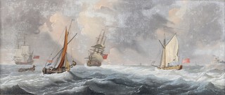 Attributed to Peter Monamy (British, 1681-1749), "Shipping off Jersey", 18th century oil on canvas, labels verso, 21cmx 52cm, within a gilt frame. Provenance: The Parker Gallery, stock no. 1245.