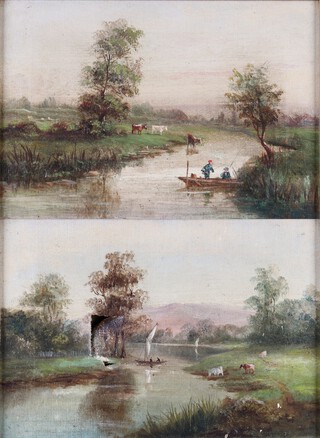 British Naive and Primitive School, River Landscapes with Boats, Figures and Cattle, a pair of 19th century oils on canvas, each 16cm x 24cm, both within gilt frames.