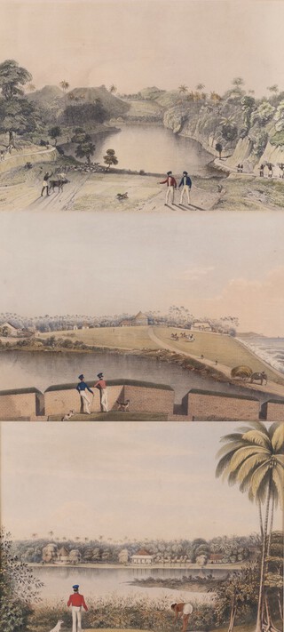 John Deschamps, "The Galle-face Esplenade, from Middleburg Counterguard", "Colpitty, from the Cinnamon Gardens", "The Lake of Kandy", three stone lithographs with hand-colouring, published for "Scenery and Reminiscences of Ceylon" by Ackermann & Co 1845, each 22cm x 32cm, all within matching painted wood and gilt frames. Note: "Scenery and Reminiscences of Ceylon" was an important and ambitious survey of mid-19th century Sri Lanka, where Deschamps spent nine years as an officer in the Royal Artillery