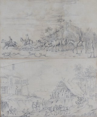 George Morland (British, 1763-1804), Droving Cattle in a Landscape with hilltop House and Horses, Donkeys, Dogs and Figures in a Landscape near a Cottage, a pair of 18th century pencil drawings on laid paper, The Tolley Gallery stamps verso, each 17cm x 29cm, both within stained oak wood frames.