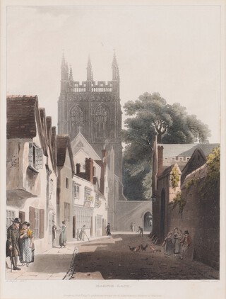 John Bluck, after Augustus Pugin, "Magpie Lane", aquatint with hand-colouring, published by Ackermann 1813, 29cm x 22cm, within a stained wood frame.	