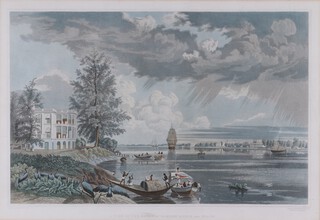 Robert Havell, after James Baillie Fraser (1783-1856)  "A View of the Botanic Garden House and Reach" (Kolkata, India), engraving with aquatint and hand-colouring, published for "Views of Calcutta and its environs, from drawings Executed by James B. Fraser, Esq. From Sketches made on the Spot" by Rodwell and Martin 1824-1826, 32cm x 46cm, within a stained wood frame.	