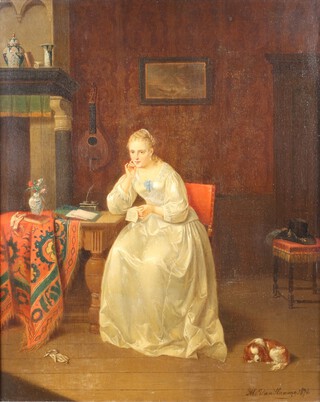 Alexis van Hamme (Belgian, 1818-1875), "The Letters" (A Lady in an Interior Setting reading a Letter with a Spaniel at her Feet and a Cittern on the wall beyond), oil on panel, signed and dated 1874 recto, Christie's stencil and titled label verso, 55cm x 44cm, within a gilt composition frame with foliate strapwork and centre and corner crestings. Provenance: Christie's 12th June 1996, lot no.214.