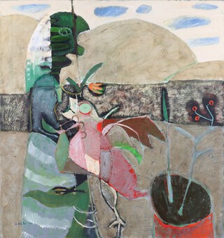 **Arthur Easton (1939-2024), Abstract with Figure, Bird and Plant in a Landscape, oil on canvas, signed and dated 1986, 71cm x 66cm. ** Please note, Artists Resale Rights may be payable on this lot