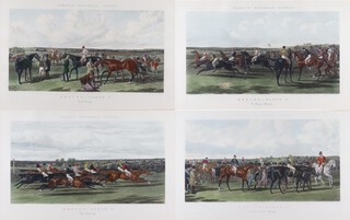 After John Frederick Herring Senior (1795-1865), Fores's National Sports: Racing, A False Start, The Run In, Returning to Weigh, four restrike engravings with hand-colouring, each 45cm x 73cm, all within matching gilt frames.
