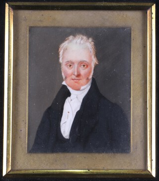 Circle of Thomas Hargreaves (1775-1846), Miniature Portrait of a Gentleman wearing a Black Jacket and White Stock, 19th century watercolour on ivory, 9cm x 7cm, within an ebonized frame. Ivory Exemption Certificate WMYA92AL