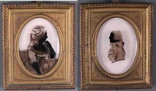 Circle of John Miers (British, 1756-1821), Miniature Portraits of Mr M. Hodgson and Mrs B.W. Hodgson, a pair of late 18th/early 19th century reverse painted on glass silhouettes, both titled verso, each 9cm x 7cm, both within gilt composition frames.