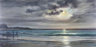 A Beardsley, British School, Moonlit Beach Landscape, 20th century oil on canvas, indistinctly signed, 39cm x 80cm, within a gilt frame.