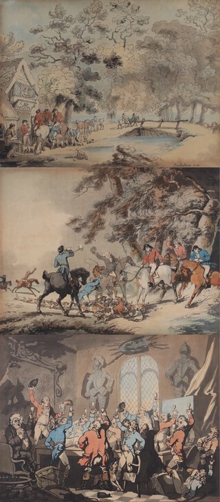 Thomas Rowlandson (British, 1756-1827), "The Refreshment", "The Dinner" and "The Death of the Fox", three etchings with aquatint and hand-colouring on laid paper, published by J. Harris 1787, each 39cm x 51cm, all within matching gilt frames.