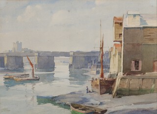 Frank Sherwin (British, 1896-1985), Railway Bridge over the Medway, with Rochester Castle, Kent, 20th century watercolour, signed, 31cm x 43cm, within a painted wood frame.	