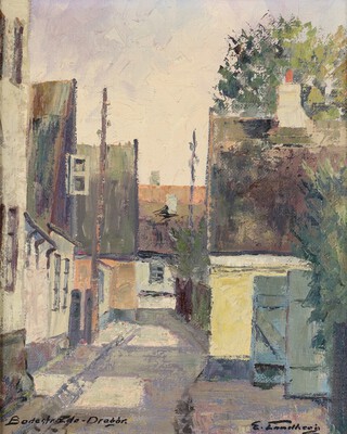 Ejnar Landberg (Danish, b.1890), "Bodestraede, Dragor" (Denmark), 20th century oil on canvas, signed and titled, 29cm x 35cm, within a gilt frame.	