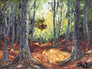 Continental School, Landscape with Trees, 20th century oil on board, indistinctly signed, 24cm x 33cm, within a gilt frame.