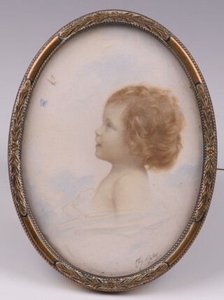 Continental School, Miniature Profile Portrait of a Young Child, early 20th century watercolour, indistinctly signed, 9.5cm x 7cm, within a metal frame.