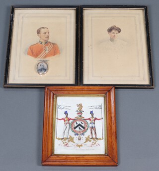 Of East India Company interest, a watercolour of the Armorial bearing of Major General Sir Henry Worsley GBE 1768-1841 23cm x 18cm, together with H J Walker, a pair of watercolour portraits of Sir Henry Worsley as a Lieutenant and Lady Worsley 29cm x 18cm, an early black and white portrait miniature of a young Sir Henry Worsley in a silver frame 