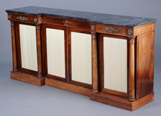 A Regency rosewood inverted breakfront chiffonier with black veined marbled top, the base fitted 1 long and 2 short drawers flanked by a pair of cupboards enclosed by pleated fabric panelled doors and columns to the sides 93cm h x 201cm w x 46cm d 